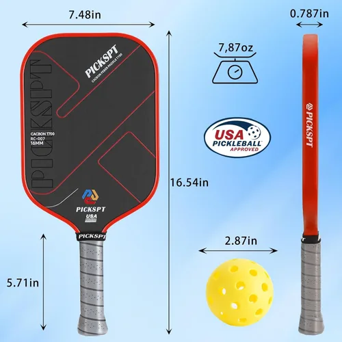 Vista 2 de USAPA Approved Pickleball Paddles: 3K/T700 Carbon Fiber Surface, Polypropylene Core, Lightweight (7.8-8oz), with Pro Bundle (Balls, Grips, Bag) &