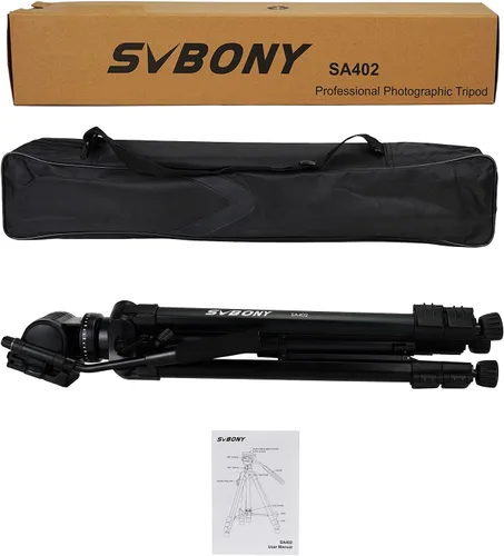Vista 8 de SVBONY Trípode SA402, trípode de viaje de aluminio con cabezal fluido con placa de zapata rápida de 1/4 pulgadas para detectar alcance y cámaras