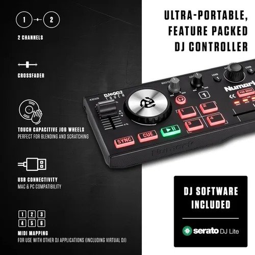 Vista 2 de [Usado] Numark DJ2GO2 Touch - Controlador USB compacto de 2 platos para Serato DJ con mezclador/crossfader, interfaz de audio y rueda de selección