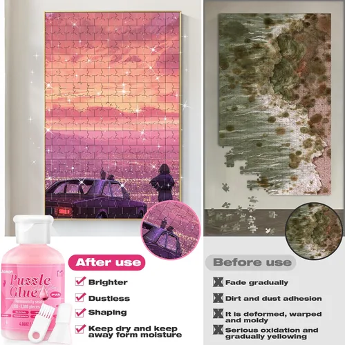 Vista 6 de Pegamento transparente para rompecabezas con cepillos, 4.1 fl oz, accesorios y herramientas de rompecabezas, hojas especiales solubles en agua