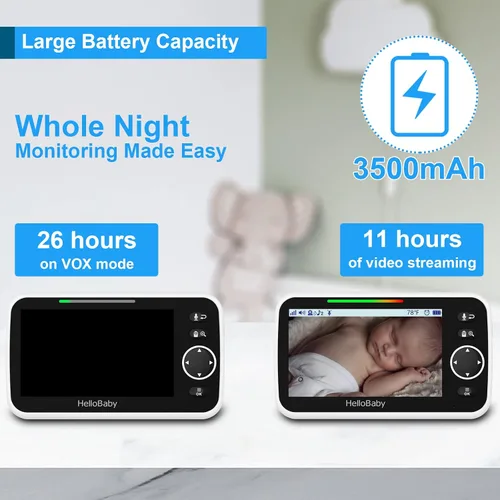 Vista 3 de HelloBaby - Monitor de bebé de 5 pulgadas con batería de 26 horas, 2 cámaras con zoom, inclinación y panorámica, monitor de video y audio con rango