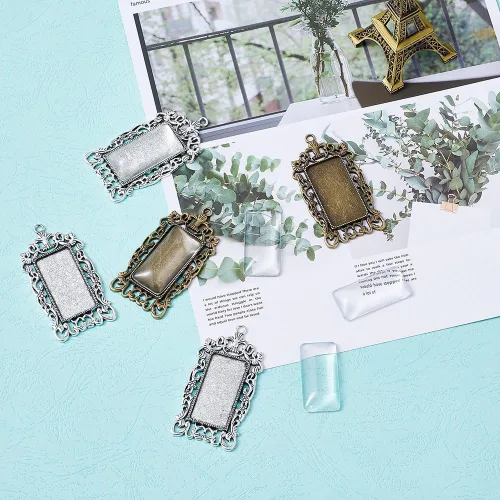 Vista 5 de KISSITTY 10 piezas de bandeja colgante rectangular de bronce plateado antiguo en blanco con 10 piezas de azulejos de cúpula de vidrio transparente