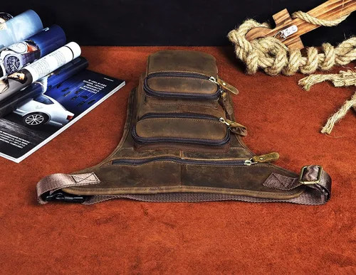 Vista 6 de Le'aokuu Riñonera táctica de cuero genuino para hombre, riñonera, pierna caída, cruzada, bolsa, 3111 A Marrón, Hip Bum - Bolsa para muslos y piernas
