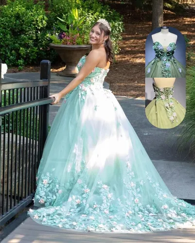 Vista 5 de Zhangyo Vestidos de quinceañera de flores 3D sin tirantes con apliques de tren de tul dulce 16 vestidos con cuentas vestido de quinceañera hinchado