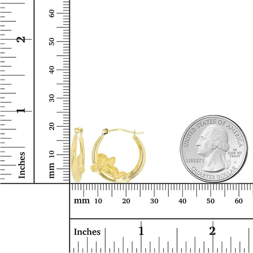 Vista 4 de Aretes de aro de oro amarillo de 14 quilates con múltiples formas de cierre con bisagras, alas y corazón, paloma y querubín, aretes de oro macizo