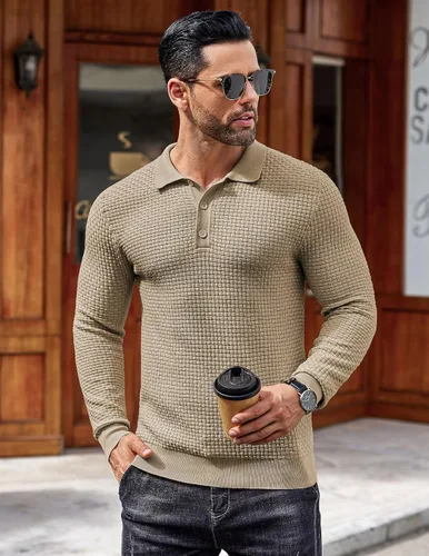Vista 4 de COOFANDY Polo de punto para hombre, de manga larga, ligero, a la moda, informal, con cuello