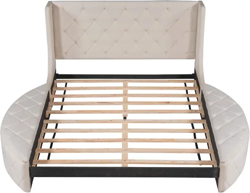 Vista 8 de SOFTSEA - Base de cama de tamaño queen de terciopelo con plataforma, base de cama tapizada con botones y cabecera de alas, 1 cajón grande y 2 Beige
