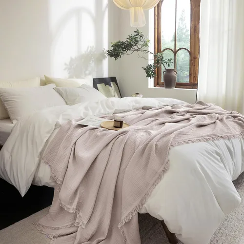 Vista 104 de FOSSA Manta de Muselina con Flecos - Gasa de Algodón 100% de 4 Capas Súper Suave y Transpirable - Manta Decorativa Ligera y Refrescante para Cama