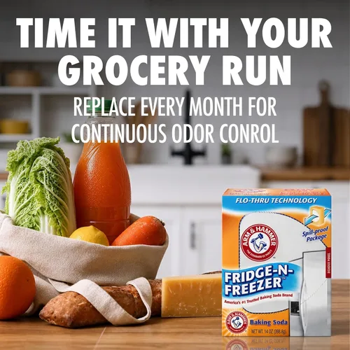 Vista 7 de Arm & Hammer Bicarbonato de Sodio Absorbedor de Olores para Nevera y Congelador, Naranja 14 oz, Paquete de 12