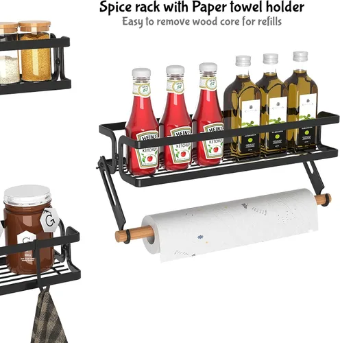 Vista 9 de Soporte de pared para especias, negro, paquete de 3 Paper Towel Holder and Hooks, Screw or Adhesive Hanging, Space Saving, For Seasonings, Stove