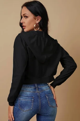 Vista 4 de Chaqueta corta con capucha y cremallera para mujer, manga larga, cordón Y2K, con bolsillos