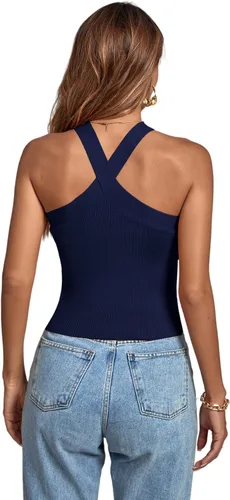 Vista 2 de Umenlele Camiseta corta sin mangas con cuello halter cruzado para mujer