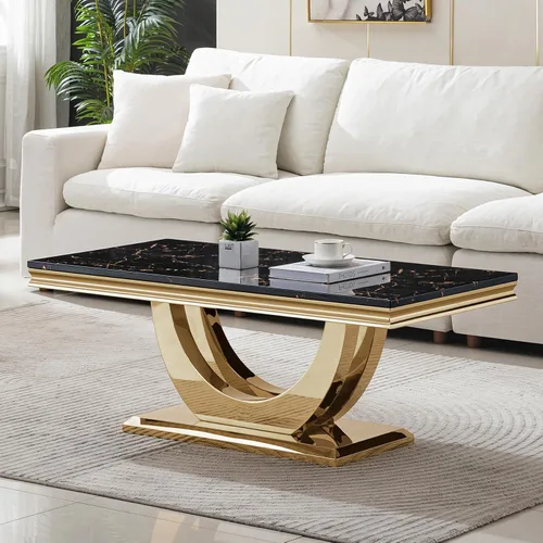 Vista 39 de SSLine Mesa de Centro Rectangular de Mármol Sintético para Sala de Estar, Mesa Central Moderna de Mármol Blanco de Lujo con Base Doble en Forma de U