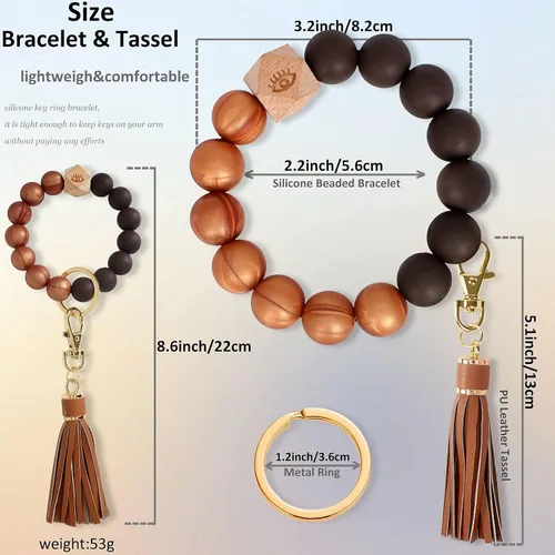 Vista 2 de BIHRTC Llavero de silicona con cuentas, pulsera de piel sintética con borla, llavero portátil, llaves de coche, llavero, llavero para mujer, niña