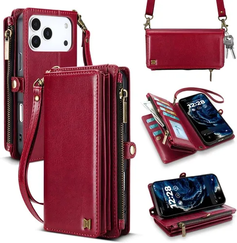 Vista 75 de Funda tipo cartera para iPhone 16 Pro Max con 8 tarjeteros, bloqueo RFID, piel sintética, función atril, abatible, correa de muñeca y correa