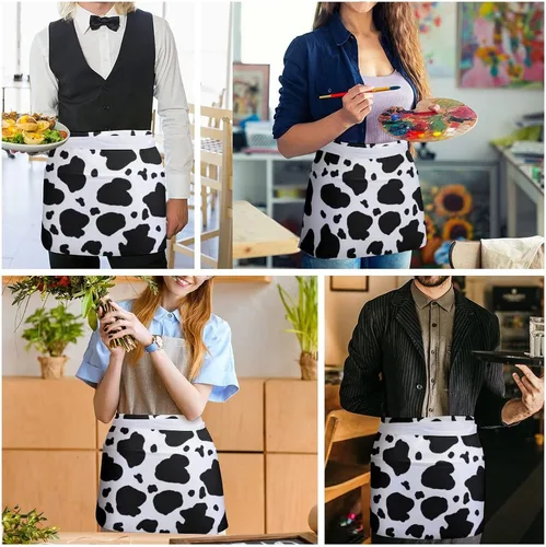 Vista 5 de Delantal de media cintura con estampado de vaca, con 3 bolsillos, ajustable, para cocinar, servir con correa larga, delantales para mujeres