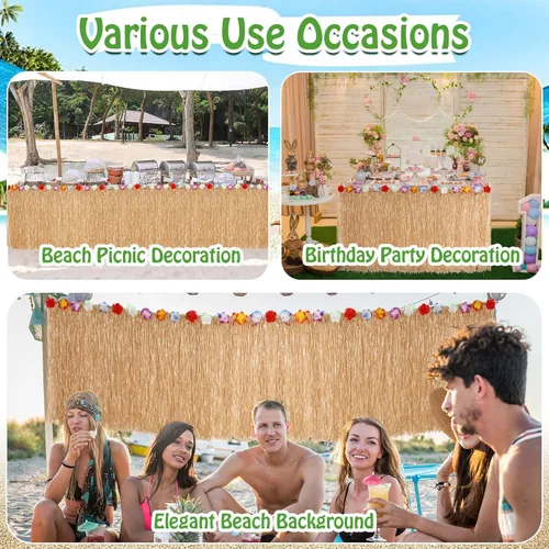 Vista 6 de Juexica Paquete de 8 faldas de mesa de hierba Luau de 9 x 30 pulgadas, falda de mesa hawaiana de flores de hibisco sintético, decoraciones de fiesta