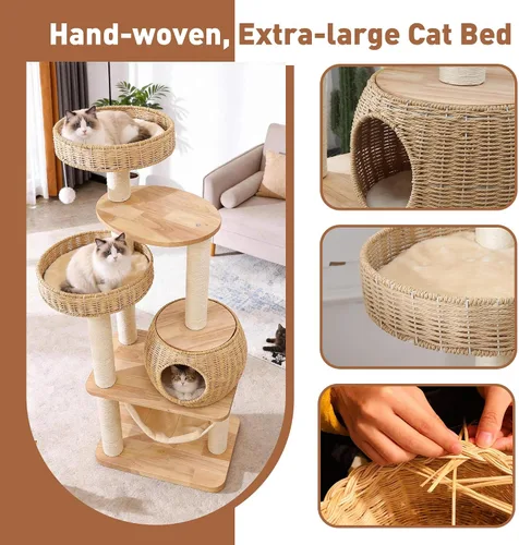 Vista 7 de Árbol para Gatos de Madera de 55" para Gatos de Interior Grandes Adultos, Torre Alta para Gatos con Poste Rascador y Hamaca Acogedora para Gatos