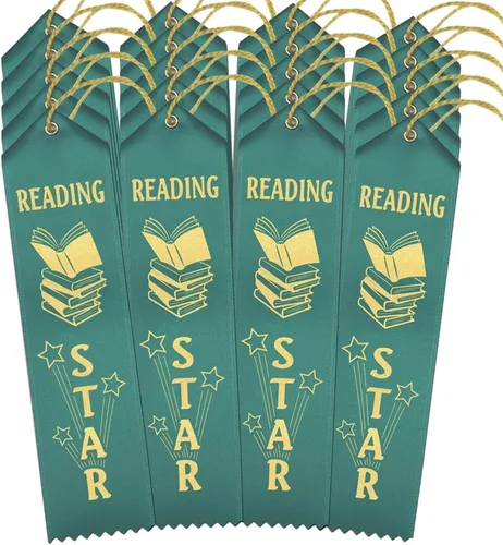 Vista 4 de RibbonsNow Cintas de estrellas de lectura - 25 cintas de color verde azulado con tarjeta y cuerda