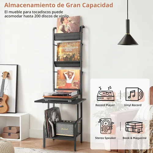 Vista 2 de Soporte para tocadiscos con almacenamiento de vinilos para hasta 200 álbumes, soporte para tocadiscos con estante de exhibición para discos Negro