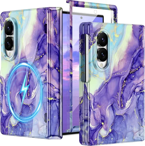 Vista 44 de Btscase Funda para Samsung Galaxy Z Fold 5, protector de pantalla frontal integrado, patrón de mármol dorado con purpurina de policarbonato duro