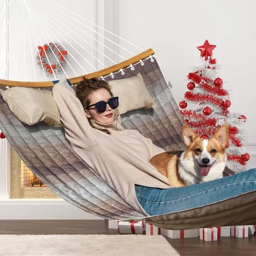 Vista 2 de Hamaca doble, hamaca de tela acolchada de 11 pies para 2 personas para exteriores con almohada, barra separadora curvada plegable, cadenas, bolsa