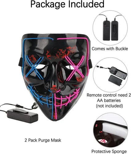 Vista 3 de Paquete de 2 máscaras de Purga de Halloween con luces LED, máscara aterradora para adultos, fiesta de disfraces (azul rojo + azul morado)