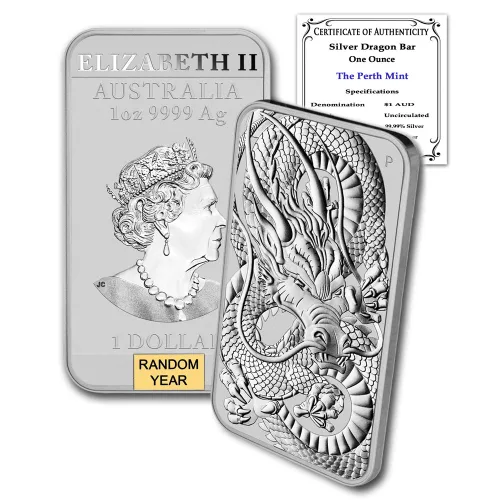 Vista 2 de 2018 - Presente (Año aleatorio) P 1 oz Lingote de Plata Australia Perth Mint Serie Dragón Moneda Rectangular Brillante sin Circular con Certificado