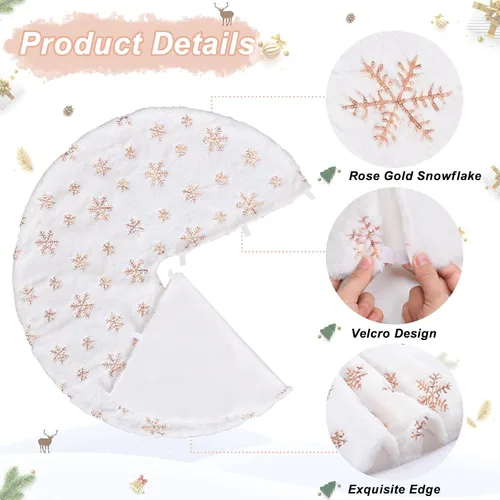 Vista 8 de Falda de árbol de copos de nieve de oro rosa de 24 pulgadas, faldas de árbol de piel sintética blanca, mini faldas de árbol de Navidad, tapete