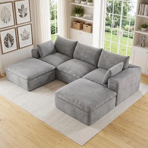 Vista 49 de 118" Cloud Couch Oversized Modular Sectional Sofa, Boneless L-Shaped 6 Seater Deep Seat Couch with Ottoman, Soft Corduroy Upholstery, DIY Negro