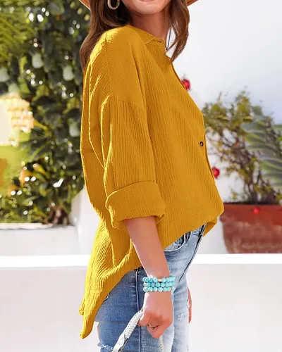 Vista 6 de NOLLSOM Camisas casuales para mujer, blusas de manga larga con botones, color liso, con bolsillo