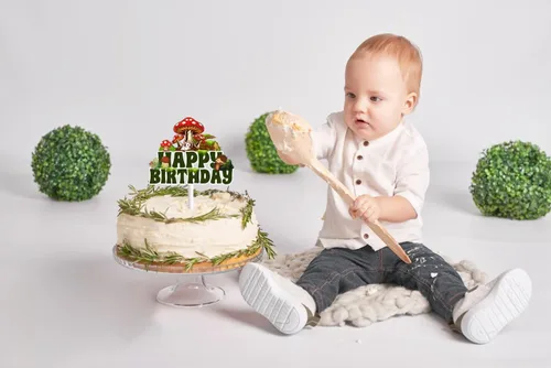 Vista 4 de Decoración para tartas de hongos para niños y niñas, decoración de fiesta de hongos de bosque, decoración para tartas de cumpleaños con purpurina