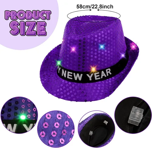 Vista 2 de Suhine 18 sombreros de fedora de lentejuelas con luces LED para Año Nuevo, unisex, con lentejuelas, corbatines y tirantes de lentejuelas, juego