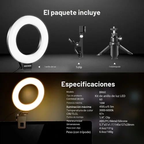 Vista 8 de NEEWER BR60 - Anillo de luz básico de 5 pulgadas para iluminación de videoconferencia, kit de luz con clip con soporte de trípode de escritorio