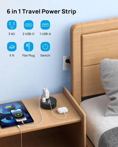 Vista 2 de TROND - Regleta de alimentación con cable de extensión retráctil - Regleta de alimentación de viaje con 3 tomas de CA, 3 puertos USB (2 USB C)