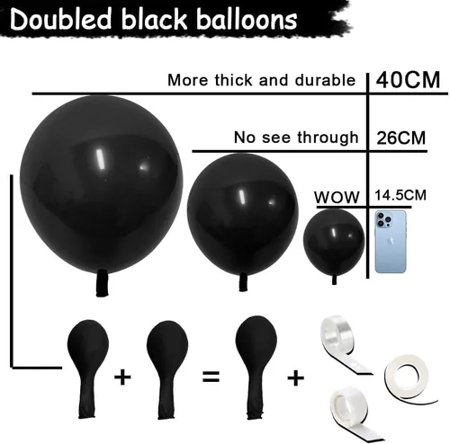 Vista 3 de Kit de arco de guirnalda de globos negros de Captank, doble relleno, globos de látex de diferentes tamaños 18/12/5 pulgadas para cumpleaños