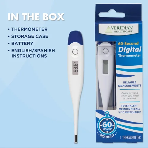 Vista 7 de Veridian Healthcare Termómetro digital Lectura de 60 segundos Alerta de fiebre + recuperación de memoria Punta rígida clínica Higiénico
