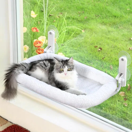 Vista 9 de Zakkart Hamaca plegable para gatos para ventana, sin cable, cama integrada lavable a máquina, marco de metal resistente, percha de ventana