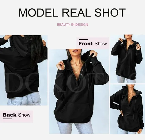 Vista 4 de Dokotoo - Sudaderas con capucha para mujer, con cuello de botón y cordón de ajuste, sudaderas casuales de manga larga