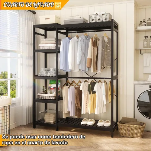 Vista 7 de Perchero de bambú para colgar ropa, perchero resistente con estantes ajustables de 7 niveles, varillas dobles, 4 ganchos, sistema de armario Negro