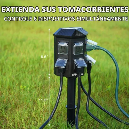 Vista 3 de TiFFCOFiO Tira de alimentación para exteriores resistente a la intemperie, cable de extensión de 15 pies con estaca, 6 tomas de tierra