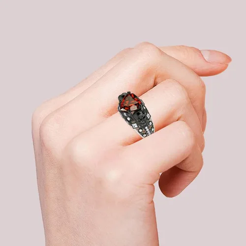 Vista 6 de Jeulia Juego de anillos de compromiso de calavera de 2.55 quilates, plata de ley con corte de corazón, diamantes rojos, anillos de rubí, circonita