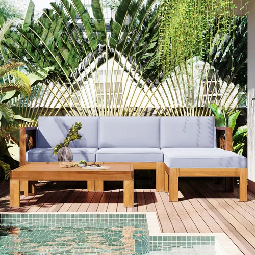 Vista 11 de Juego de 4 muebles de patio al aire libre, sofá seccional de madera de acacia con asiento cojines beige, asiento de conversación seccional