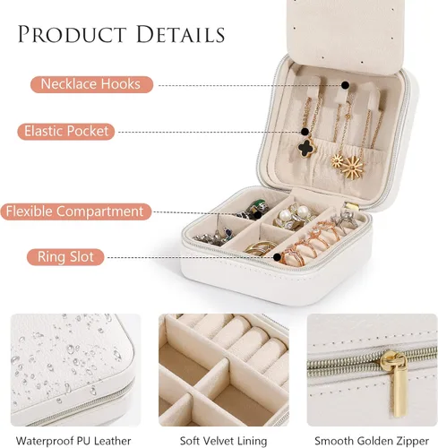 Vista 3 de Emibele Joyero de viaje, estuche pequeño de piel sintética, organizador de joyas de viaje de 3 capas para mujeres y niñas, estuche de viaje