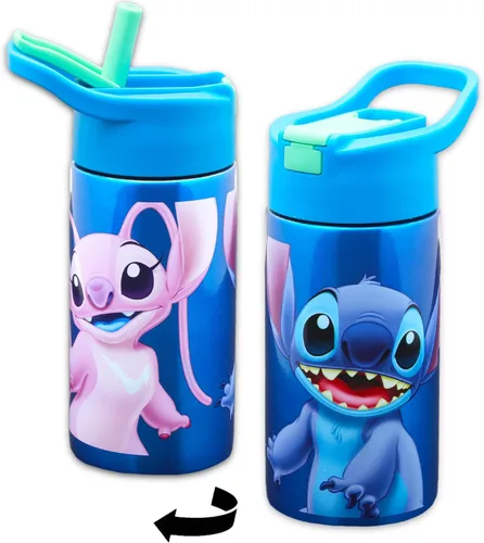 Vista 2 de Stitch - Botella de agua de acero inoxidable para niños y niñas, cantimplora reutilizable de 14 onzas para el hogar, escuela, más calcomanías, más