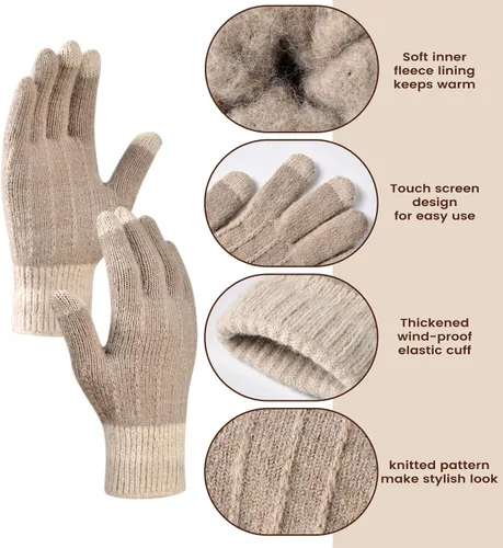 Vista 3 de Conjunto de gorro de invierno para mujer + bufanda larga + guantes para pantalla táctil, conjunto de ropa cálida con forro polar de punto