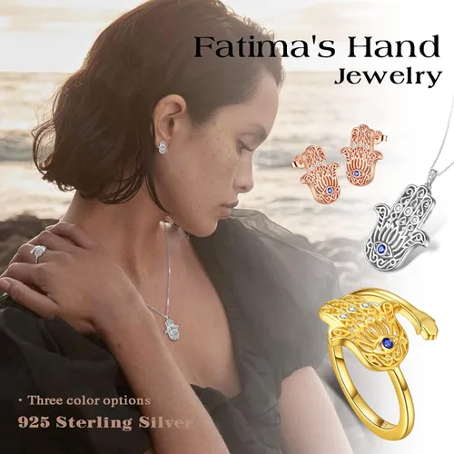 Vista 8 de Evil Eye Hamsa Hand of Fatima Lotus Yoga Buddha AnilloPendientesColgante Collar de Plata de Ley 925 Plata de Ley 925 Chapado en Oro de 18 KtOro Rosa