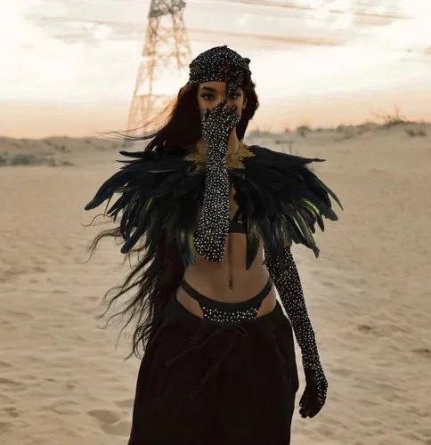 Vista 3 de Chal de plumas para mujer, collar de plumas de cuervo, capa de cisne de Halloween, accesorios de disfraz de bruja