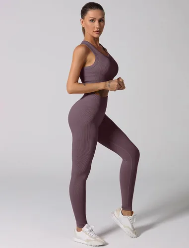 Vista 61 de Conjuntos de entrenamiento para mujer, 2 piezas, sin costuras, acanalada, sin mangas, brasier deportivo, cintura alta, pantalones cortos