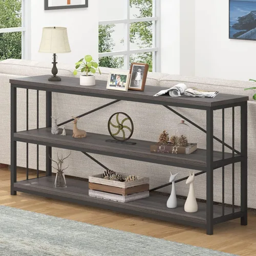 Vista 17 de LVB Mesa consola negra, mesa de entrada moderna para pasillo y sala de estar, mesa de sofá industrial detrás del sofá, mesa de entrada de madera